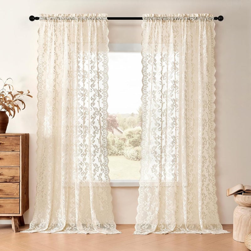 FOLKSIDE Beige Lace Curtains 90 Inches Long 2 Panels Vintage Paisley Curtains for Living Room Bedroom Rod Pocket Light Filtering French Crochet Drapes Victorian Sheer Curtains Window Decor, 52x90 - Image 2